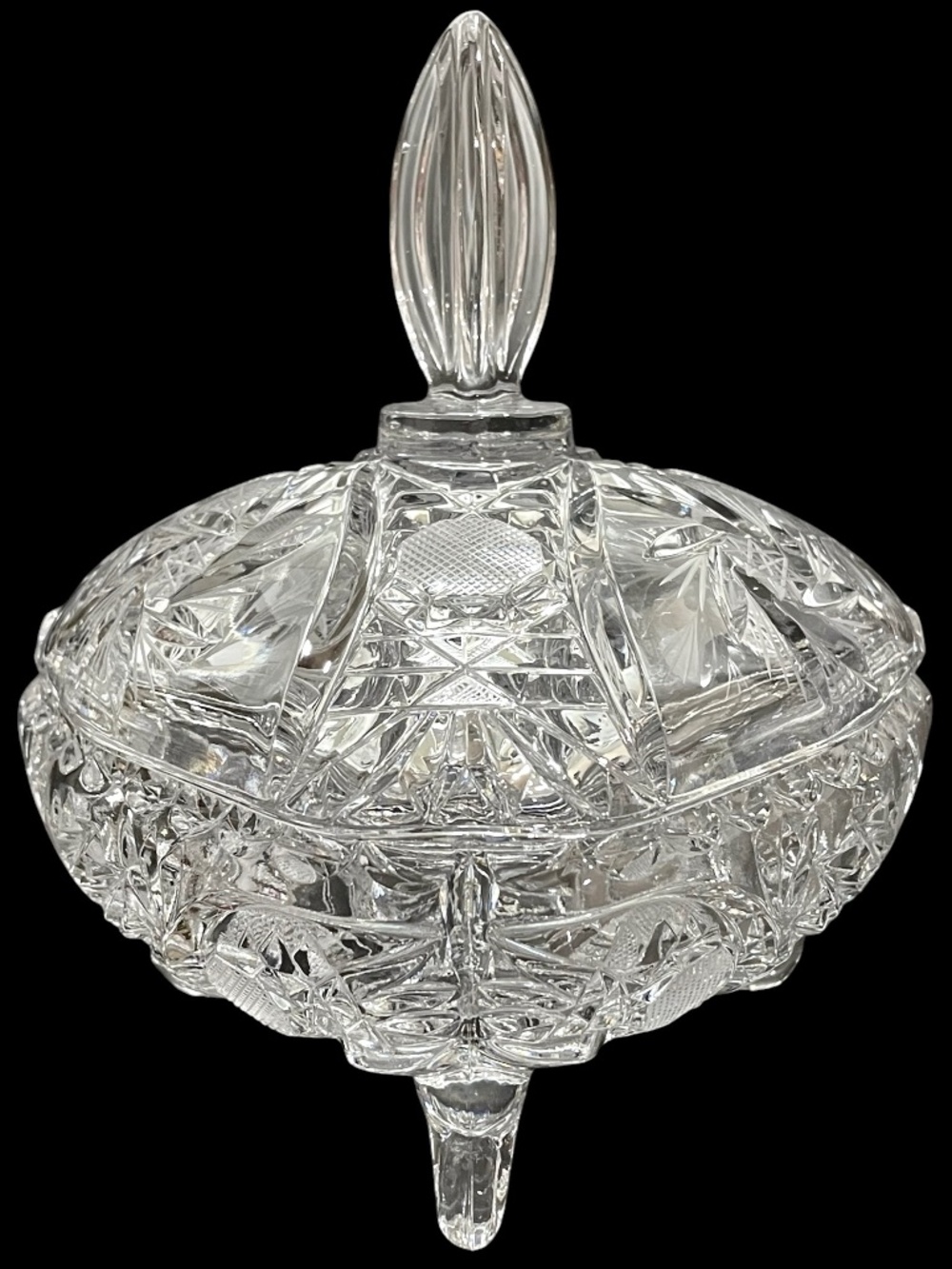 Vintage 1960s German Hand Cut Lead Crystal Triangular Footed Jewelry Box - Star